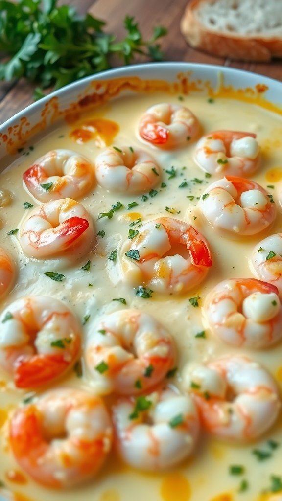 Creamy shrimp gratin with golden cheese topping and fresh herbs, served in a rustic dish on a wooden table.